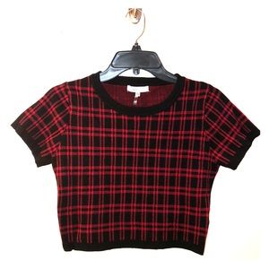Lucy Paris cropped sweater. Red and black plaid.